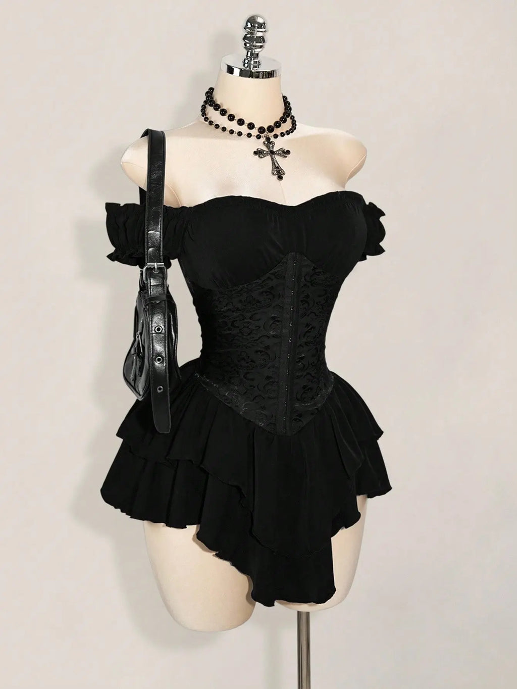 Women'S Off-Shoulder A-Line Chiffon Mini Dress Gothic Jacquard Ruffle Trim with Tie Waist Elegant Party Dress for Wedding Guest Vacation Dinner Club Night Out