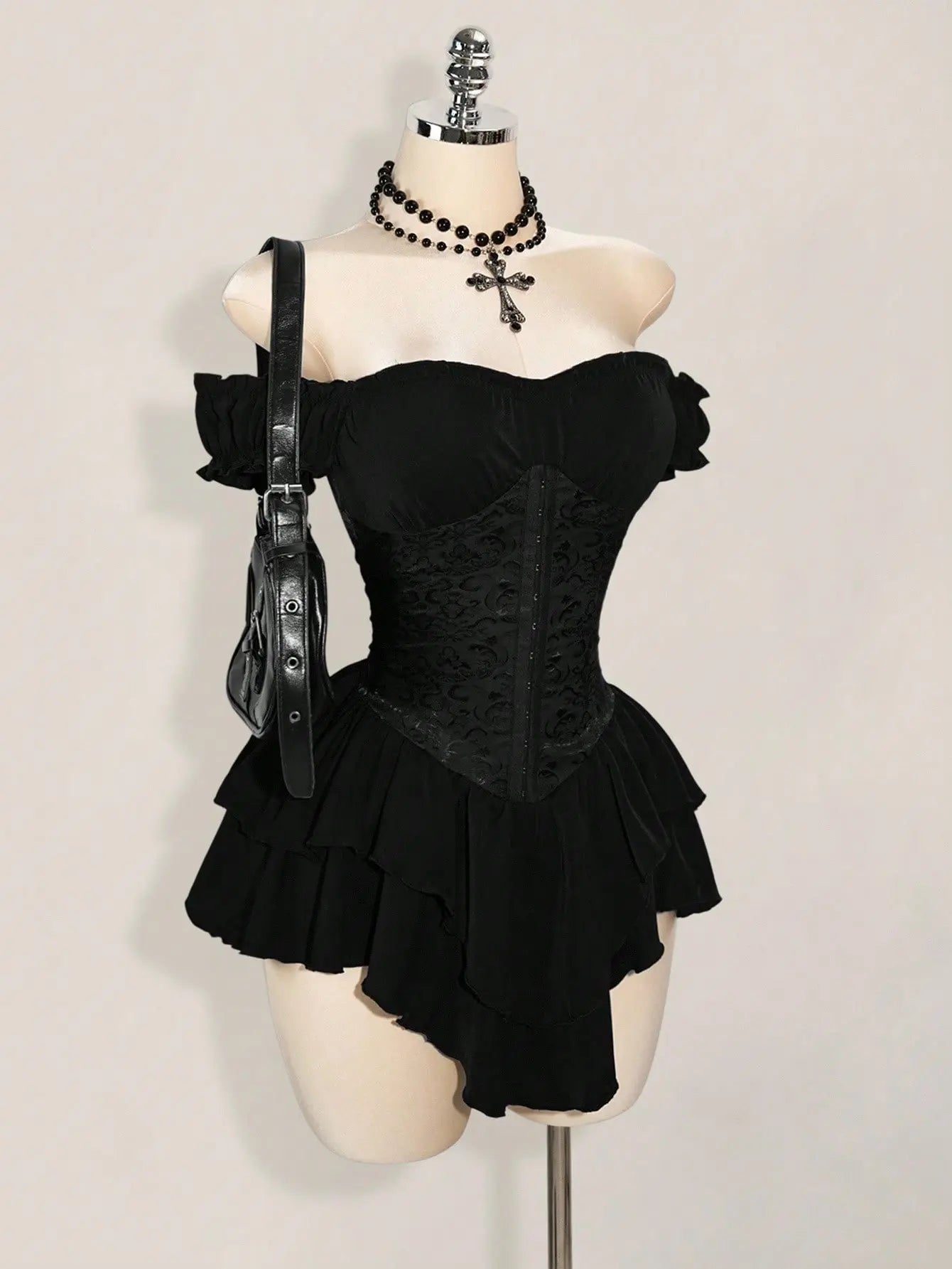Women'S Off-Shoulder A-Line Chiffon Mini Dress Gothic Jacquard Ruffle Trim with Tie Waist Elegant Party Dress for Wedding Guest Vacation Dinner Club Night Out
