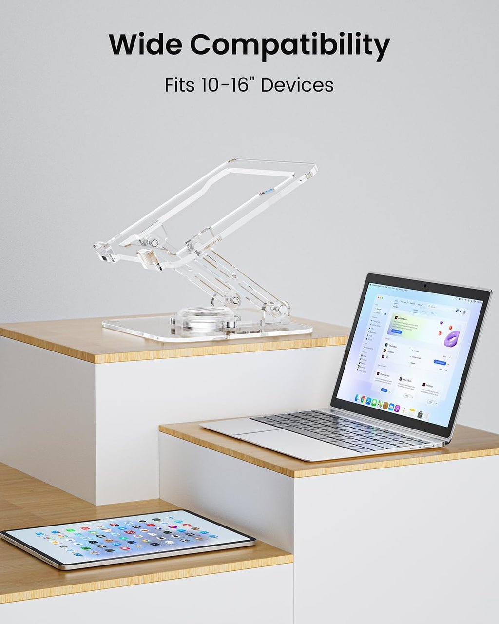 Laptop Stand for Desk - Adjustable, Foldable Clear Acrylic Riser with 360° Rotating Base, Ergonomic Laptop Holder for Macbook Pro/Air & 10-16” Notebooks