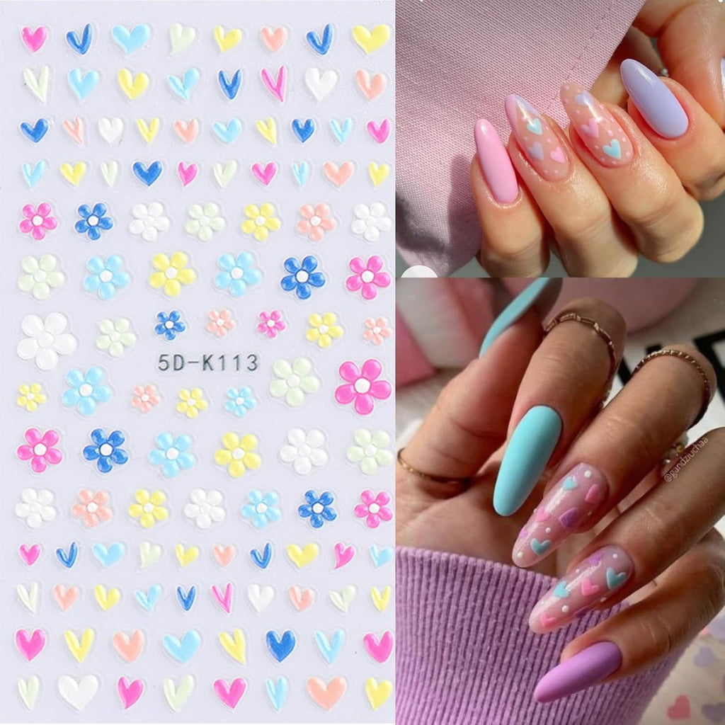 Flower Nail Art Stickers 5D Embossed Nail Decals Spring Summer Self-Adhesive Nails Supplies Accessories 3D Flower for Women Nails Design Decoration