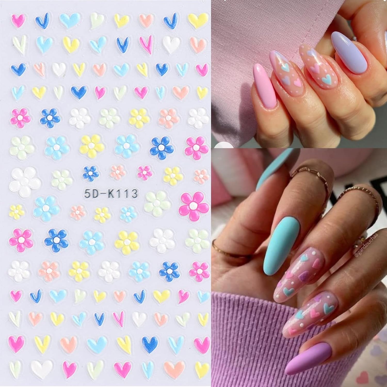 Flower Nail Art Stickers 5D Embossed Nail Decals Spring Summer Self-Adhesive Nails Supplies Accessories 3D Flower for Women Nails Design Decoration