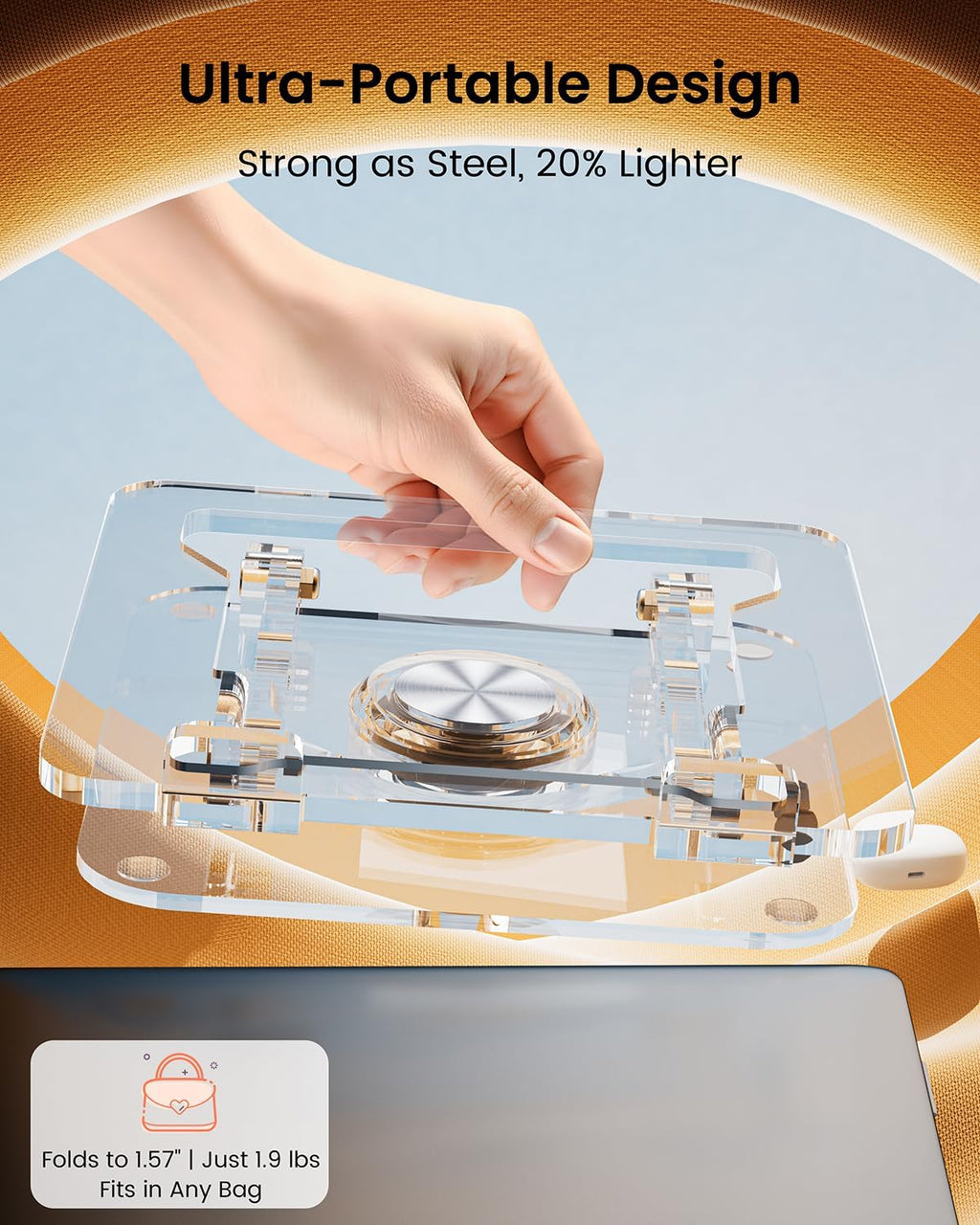 Laptop Stand for Desk - Adjustable, Foldable Clear Acrylic Riser with 360° Rotating Base, Ergonomic Laptop Holder for Macbook Pro/Air & 10-16” Notebooks