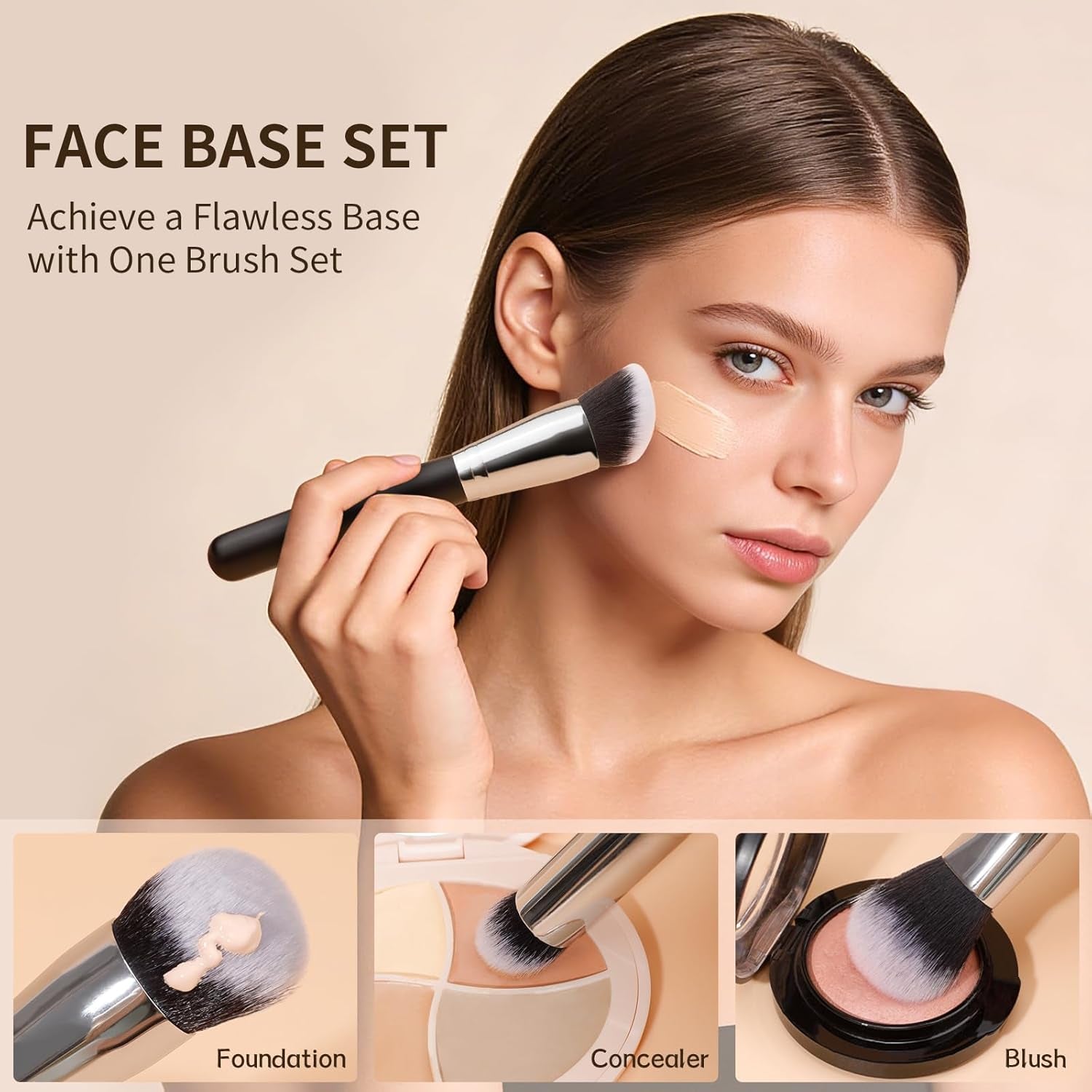 3 Pcs Foundation Contour Blush Conceal Brush Set, Angled Synthetic Kabuki Brush for Blending Setting Buffing with Liquid, Cream and Powder Cosmetic(Black)