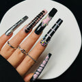10Pcs Handmade Press on Nails Black Pink Extra Long Square Goth Acrylic Black Pink Nail Supplies Fake Nails Stickers Y2K Cute Suitable for Girls and Women Festivals Parties Gems Stuff French Gems Stuff Salon Quality Rhinestone Rhinestone Embellished, Flo