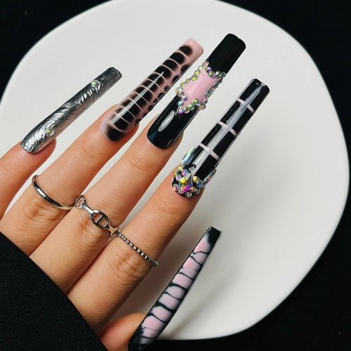 10Pcs Handmade Press on Nails Black Pink Extra Long Square Goth Acrylic Black Pink Nail Supplies Fake Nails Stickers Y2K Cute Suitable for Girls and Women Festivals Parties Gems Stuff French Gems Stuff Salon Quality Rhinestone Rhinestone Embellished, Flo