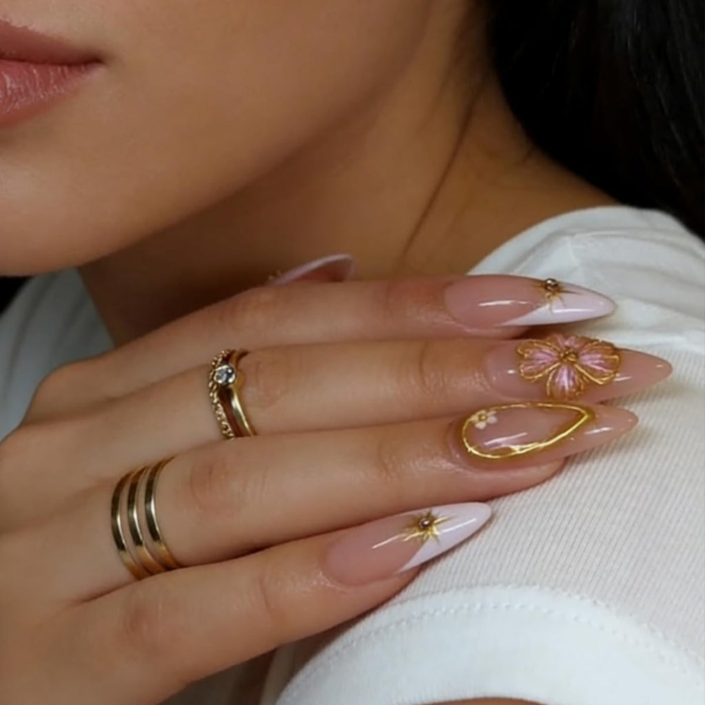 Flower Press on Nails 3D Spring Floral Fake Nails Press Ons Almond French Tip False Nails Medium Acrylic Glue on Nail Cute Artificial Stick on Nail for Women Manicure 24Pcs