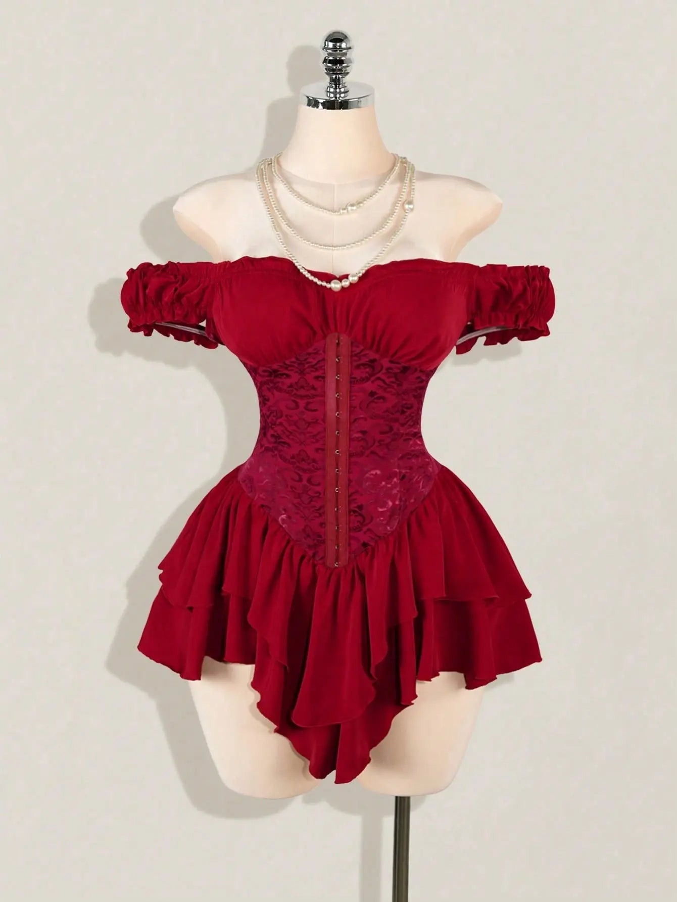 Women'S Off-Shoulder A-Line Chiffon Mini Dress Gothic Jacquard Ruffle Trim with Tie Waist Elegant Party Dress for Wedding Guest Vacation Dinner Club Night Out