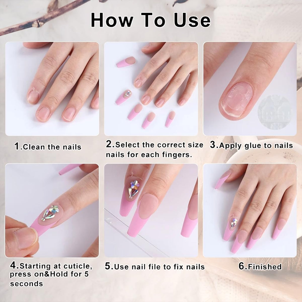 24Pcs Flower Press on Nails Medium Almond French Tip Fake Nails with Gold Star Shell Rhinestones Design Hawaii False Nails Blue Stick on Nails Full Cover Artificial Glue on Nails for Women Summer Kit