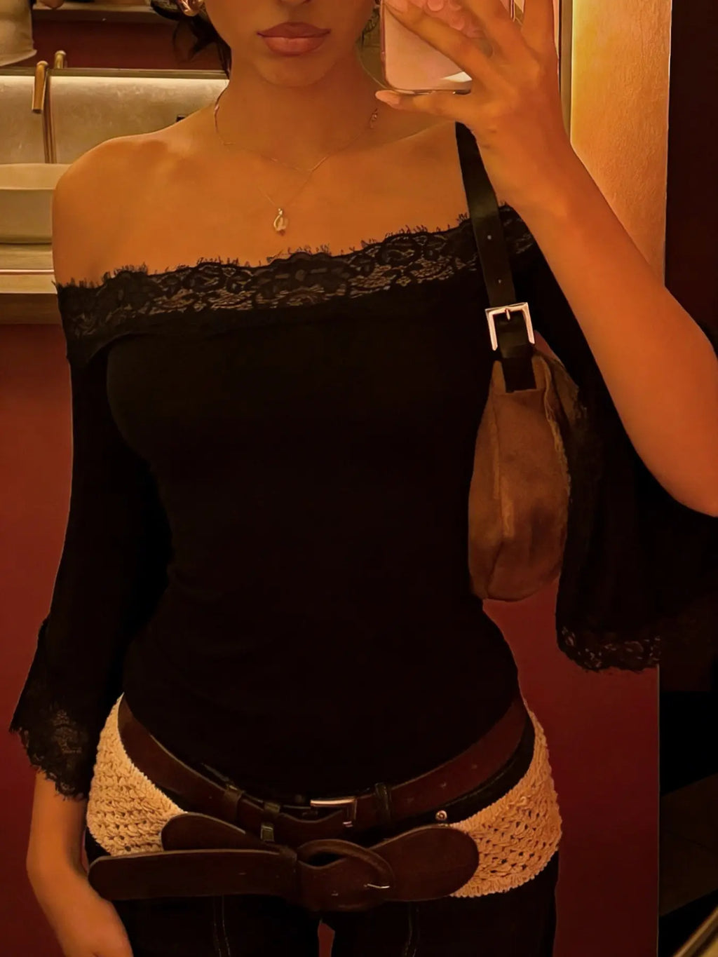 Lace Panel Off-Shoulder Flare Sleeve T-Shirt, Y2K Backless Sexy Crop Top for Spring & Summer, Vintage Elegant Women'S Fashion Black Top, Casual Classy Top, Cool Shirt