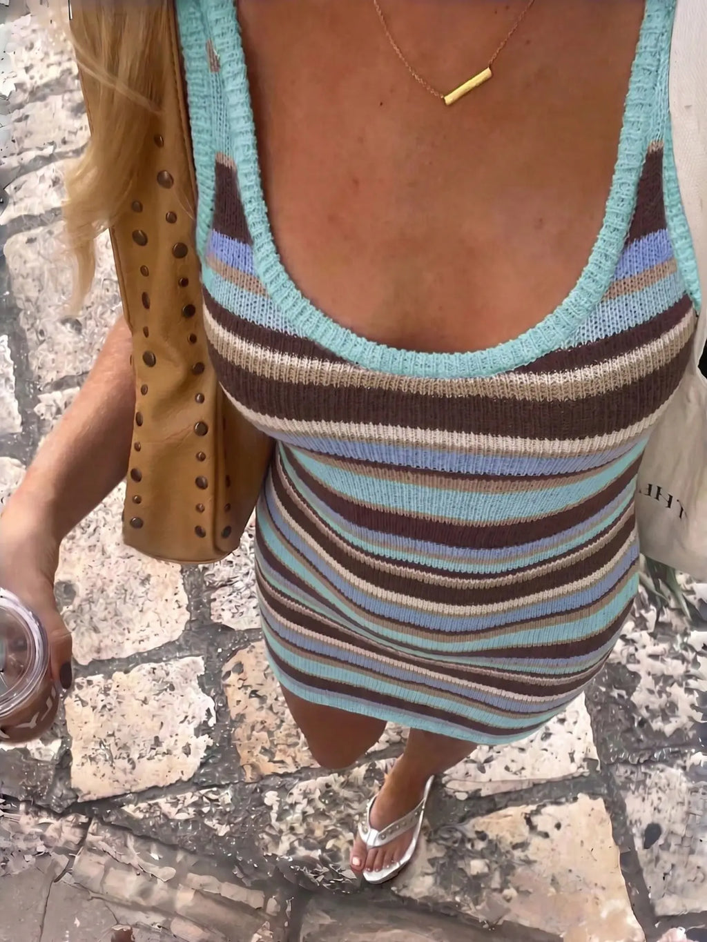 Summer Women'S Slimming Sexy Colorblock Striped Knit Dress, Casual Fashion Long Sleeve round Neck Design, Perfect for Daily Wear, Womenswear, Bodycon Fit Striped Dress