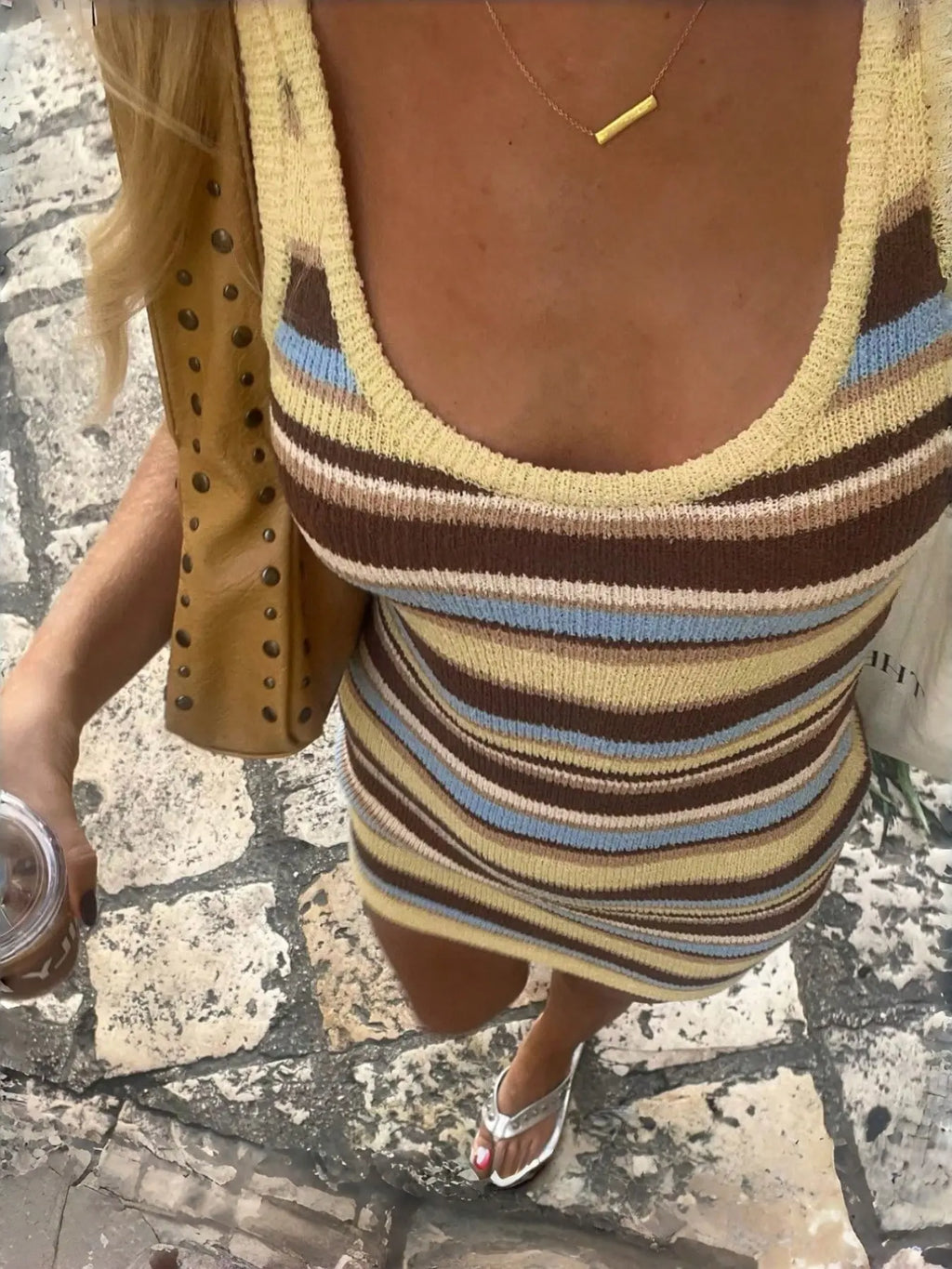 Summer Women'S Slimming Sexy Colorblock Striped Knit Dress, Casual Fashion Long Sleeve round Neck Design, Perfect for Daily Wear, Womenswear, Bodycon Fit Striped Dress