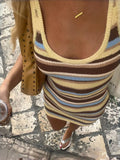 Summer Women'S Slimming Sexy Colorblock Striped Knit Dress, Casual Fashion Long Sleeve round Neck Design, Perfect for Daily Wear, Womenswear, Bodycon Fit Striped Dress