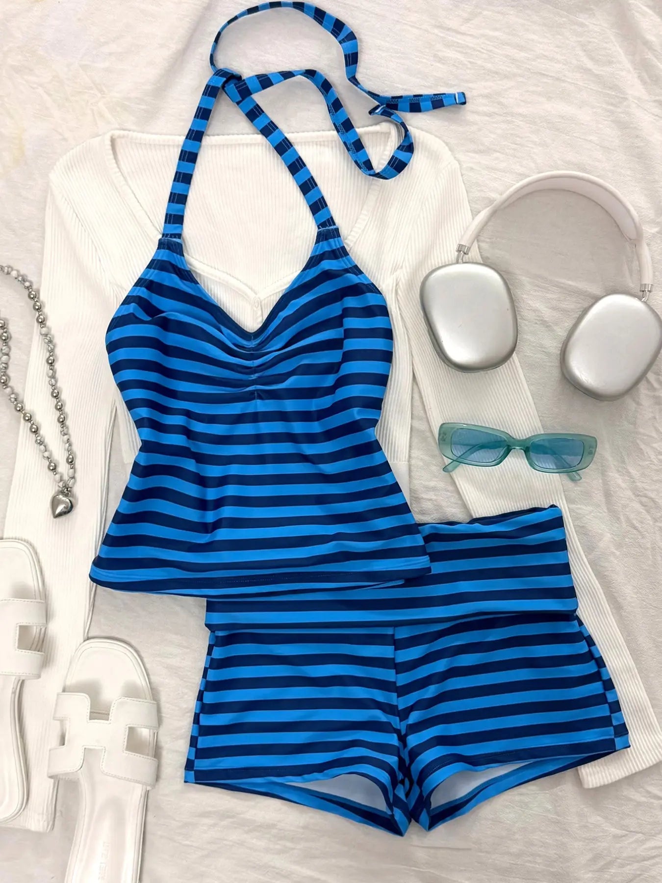 Striped Tankini Swimsuit, Elegant Sexy Halter Crop Top & Boyshorts, Women Sporty Swimwear for Beach Pool Vacation, Spring and Summer, Striped Swimsuits, Sporty Bathing Suit