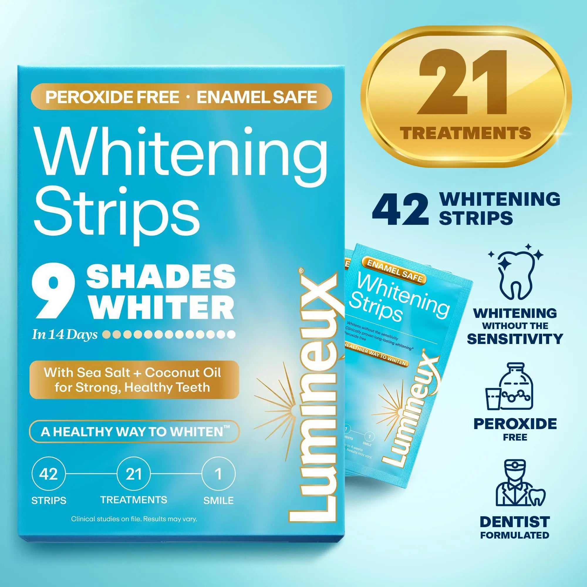 Lumineux Mineral Salt Whitening Strips 9 Treatments or 21 Treatments - Peroxide Free - Enamel Safe for Whiter Teeth - Whitening without the Sensitivity - Dentist Formulated - Sensitivity