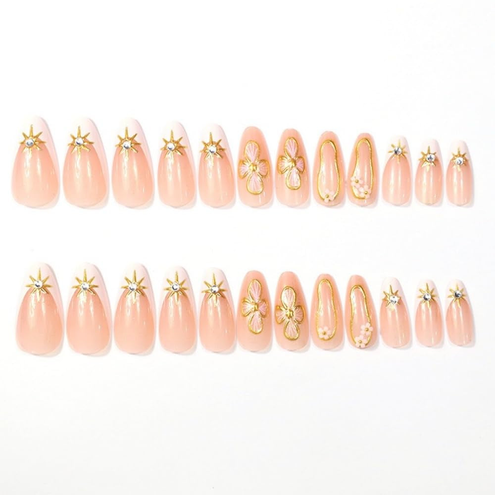 Flower Press on Nails 3D Spring Floral Fake Nails Press Ons Almond French Tip False Nails Medium Acrylic Glue on Nail Cute Artificial Stick on Nail for Women Manicure 24Pcs