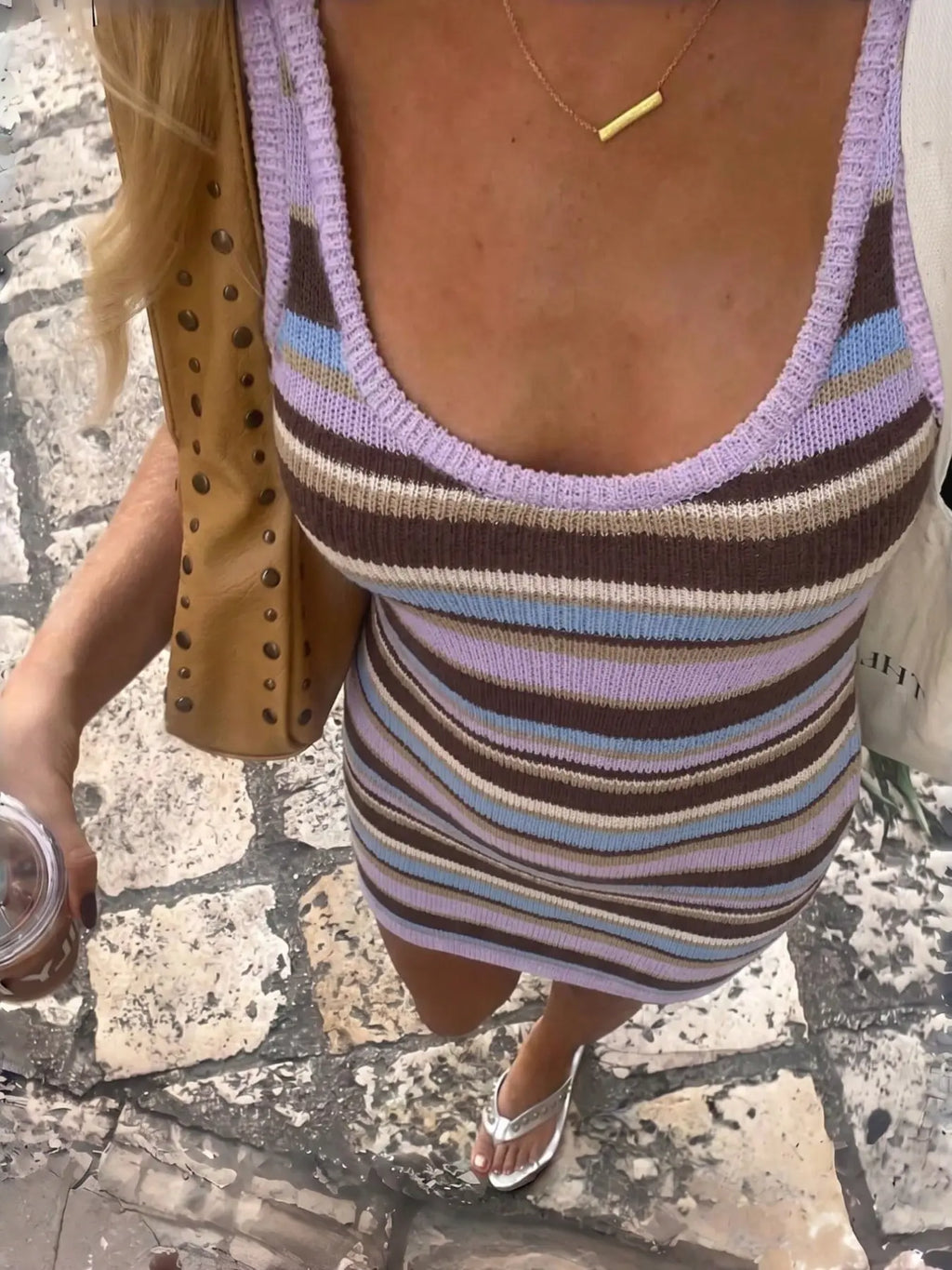 Summer Women'S Slimming Sexy Colorblock Striped Knit Dress, Casual Fashion Long Sleeve round Neck Design, Perfect for Daily Wear, Womenswear, Bodycon Fit Striped Dress