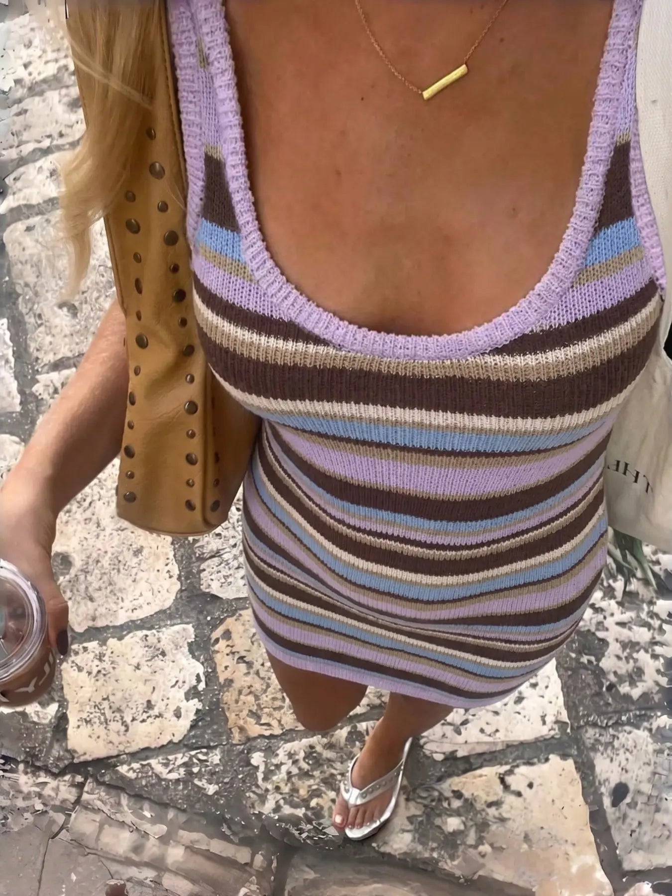 Summer Women'S Slimming Sexy Colorblock Striped Knit Dress, Casual Fashion Long Sleeve round Neck Design, Perfect for Daily Wear, Womenswear, Bodycon Fit Striped Dress