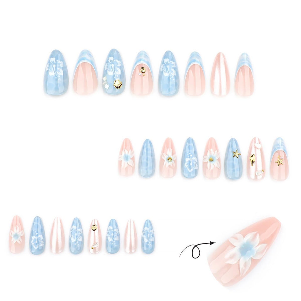 24Pcs Flower Press on Nails Medium Almond French Tip Fake Nails with Gold Star Shell Rhinestones Design Hawaii False Nails Blue Stick on Nails Full Cover Artificial Glue on Nails for Women Summer Kit