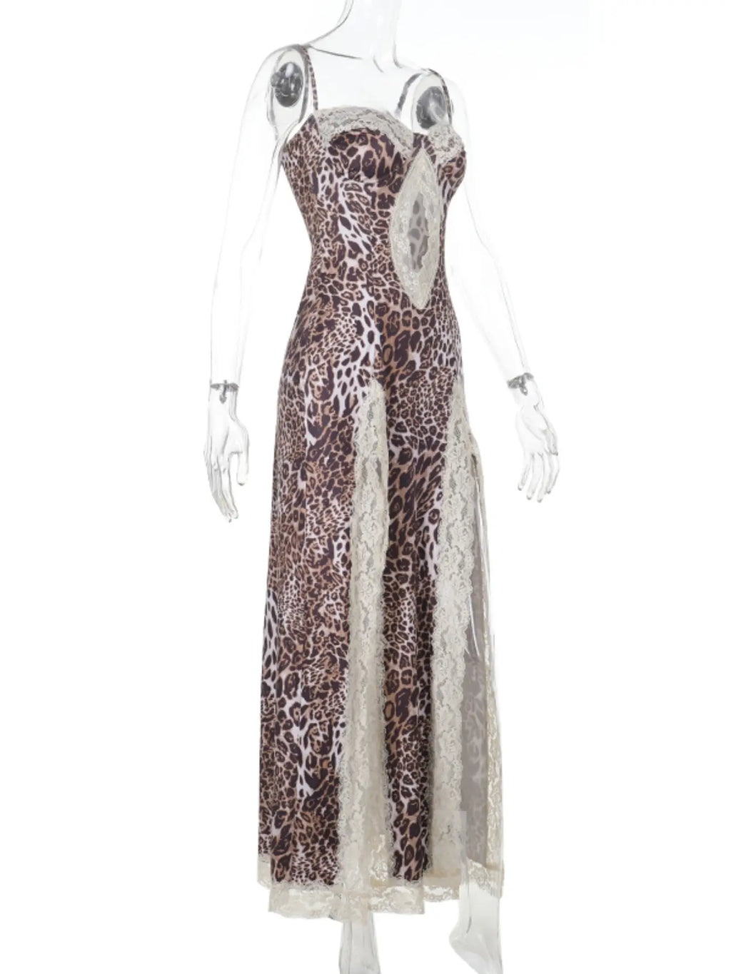 Women'S Sexy Leopard Print Lace Trim Side Slit Bodycon Fit Dress, Elegant Sleeveless Cocktail Dress for Party Club Dating Wear, Ladies Summer Clothes, Fashion Chic Gown
