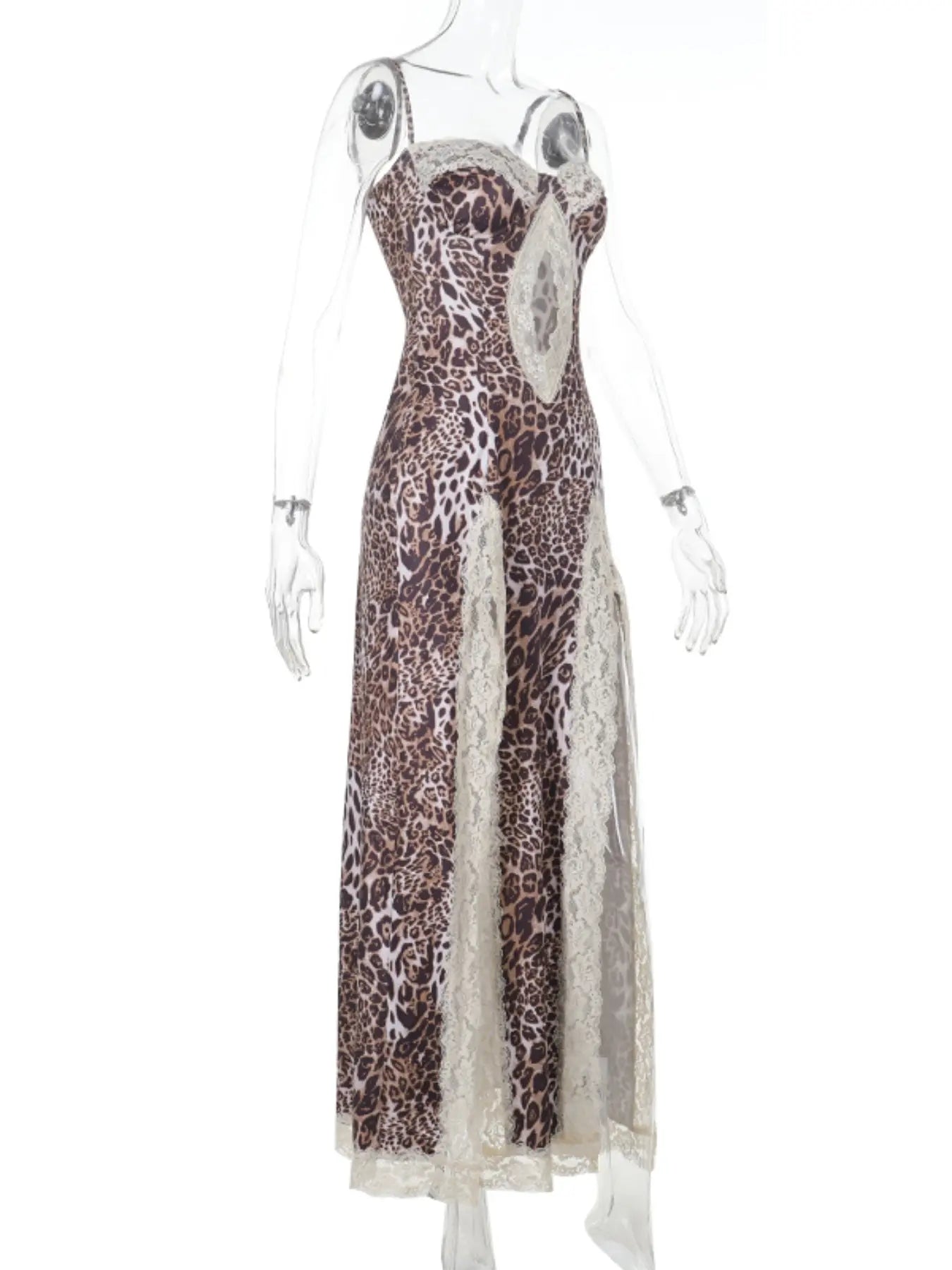 Women'S Sexy Leopard Print Lace Trim Side Slit Bodycon Fit Dress, Elegant Sleeveless Cocktail Dress for Party Club Dating Wear, Ladies Summer Clothes, Fashion Chic Gown
