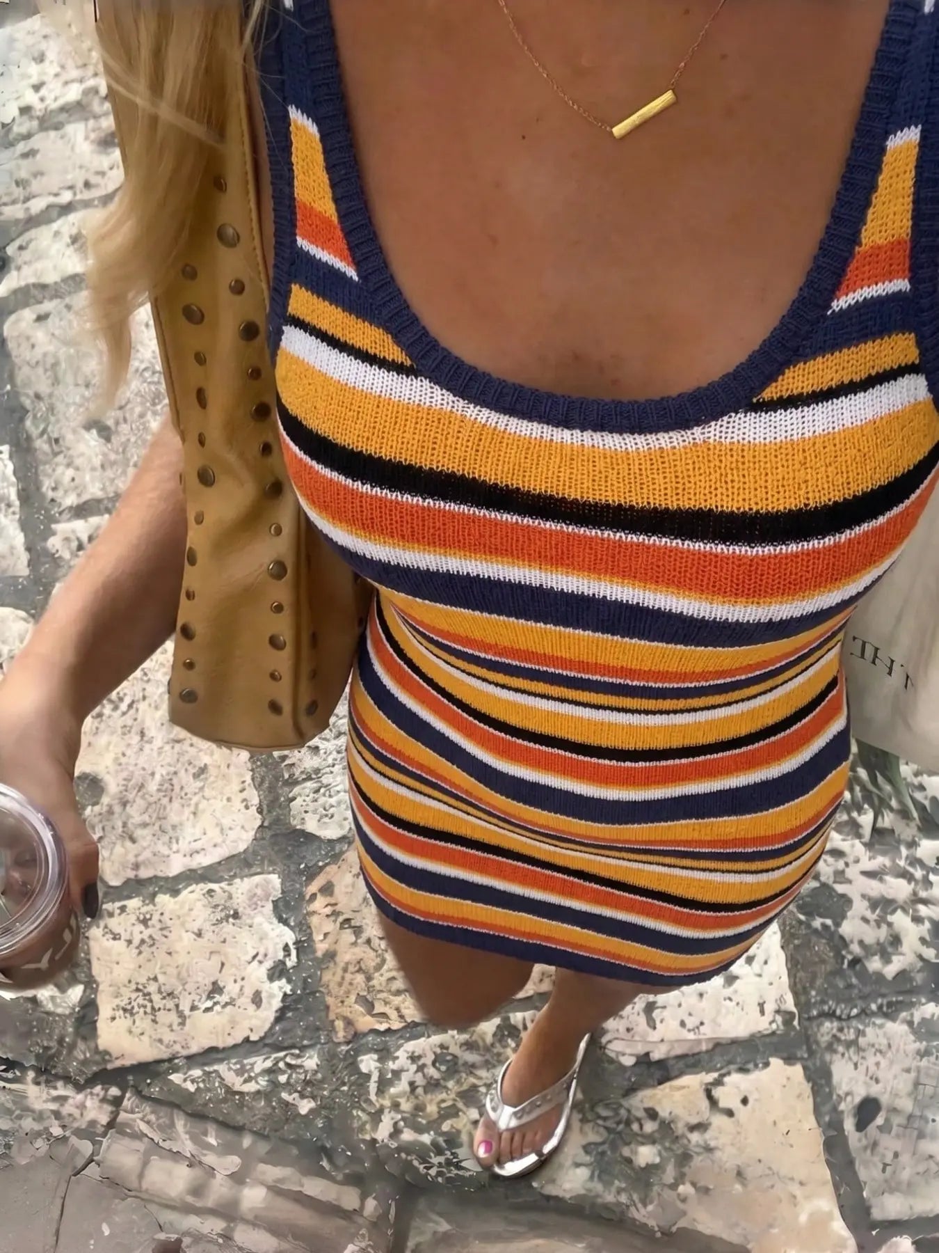 Summer Women'S Slimming Sexy Colorblock Striped Knit Dress, Casual Fashion Long Sleeve round Neck Design, Perfect for Daily Wear, Womenswear, Bodycon Fit Striped Dress