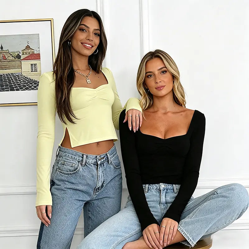 Cakulo Chic Y2K Black Crop Top for Women – Long Sleeve, Sweetheart Neckline, Ruched Slim-Fit Going-Out Shirt