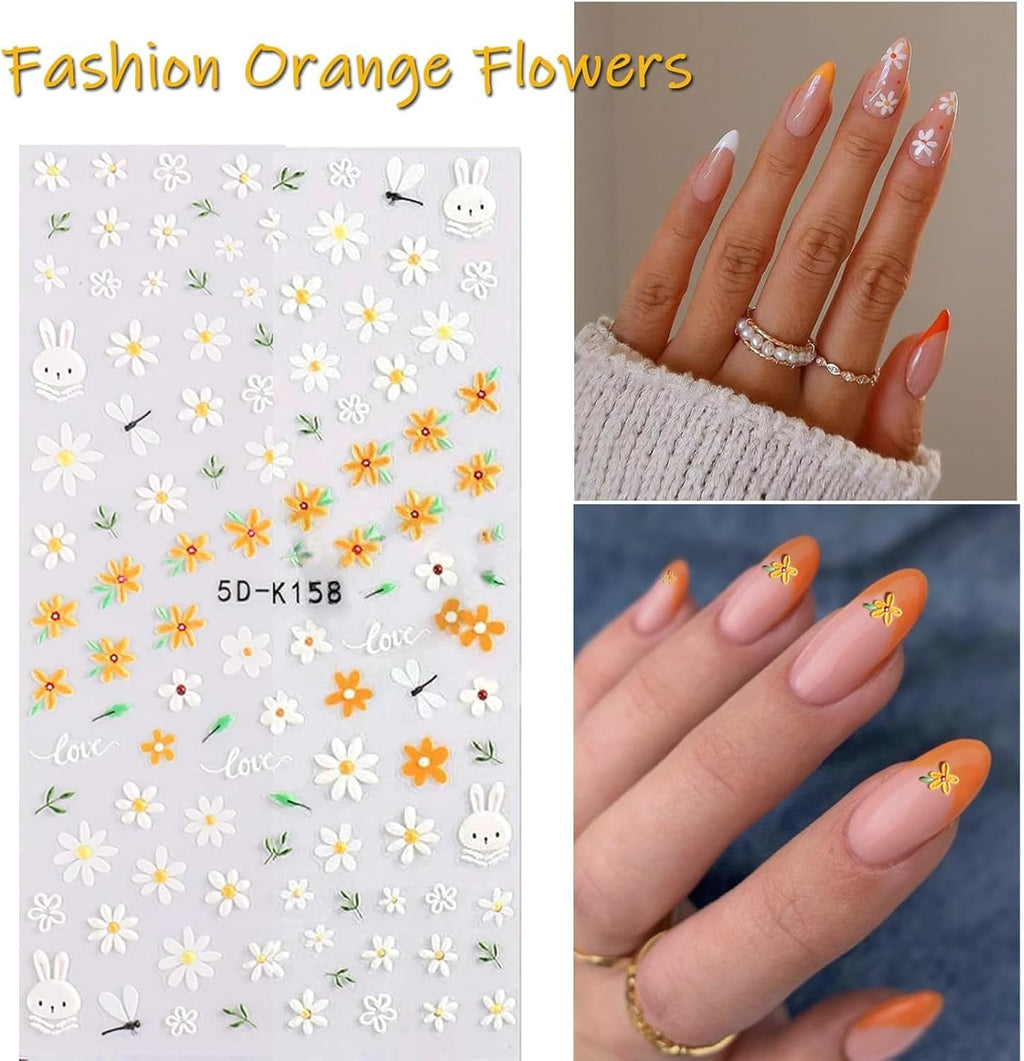 Flower Nail Art Stickers 5D Embossed Nail Decals Spring Summer Self-Adhesive Nails Supplies Accessories 3D Flower for Women Nails Design Decoration