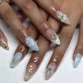 24Pcs Flower Press on Nails Medium Almond French Tip Fake Nails with Gold Star Shell Rhinestones Design Hawaii False Nails Blue Stick on Nails Full Cover Artificial Glue on Nails for Women Summer Kit