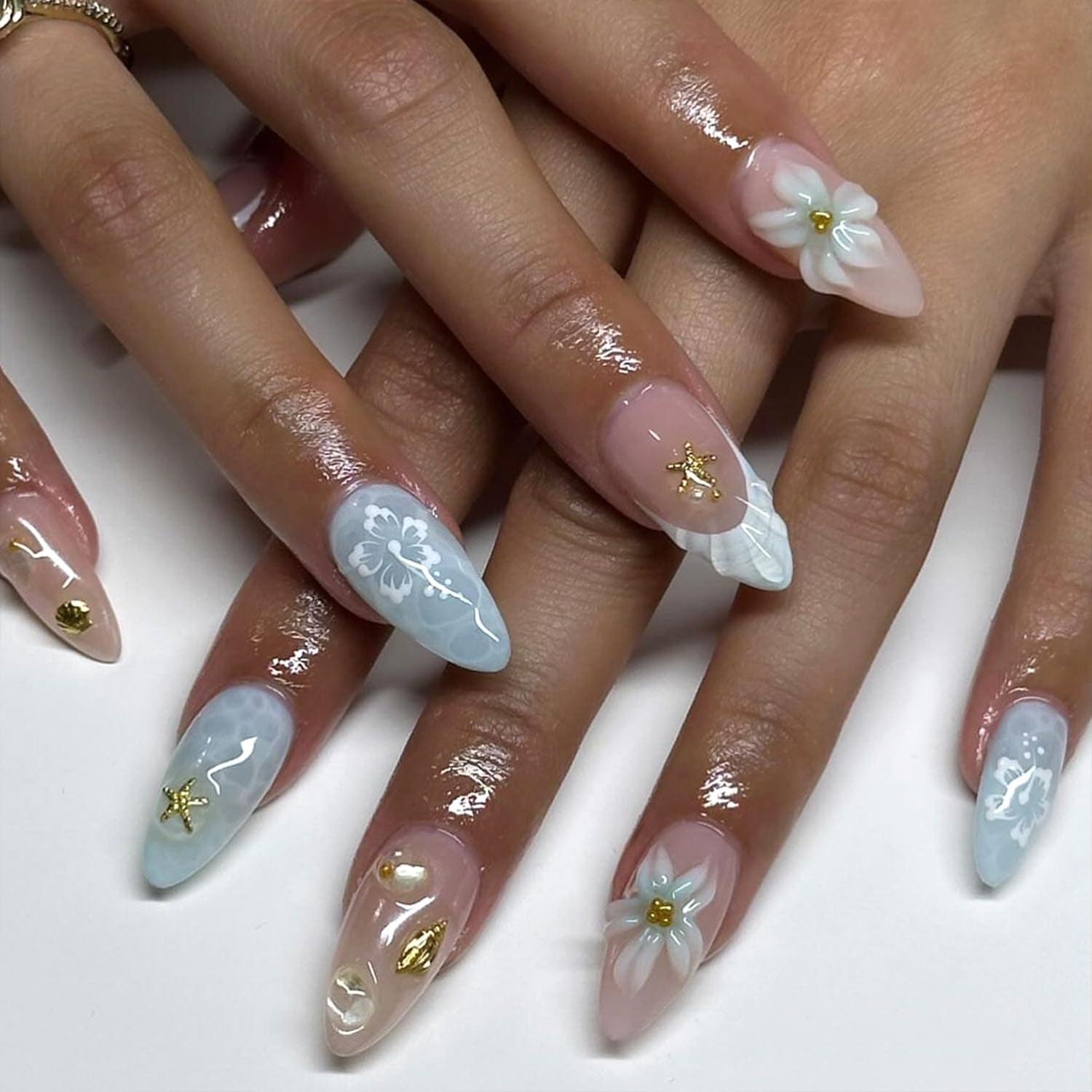 24Pcs Flower Press on Nails Medium Almond French Tip Fake Nails with Gold Star Shell Rhinestones Design Hawaii False Nails Blue Stick on Nails Full Cover Artificial Glue on Nails for Women Summer Kit