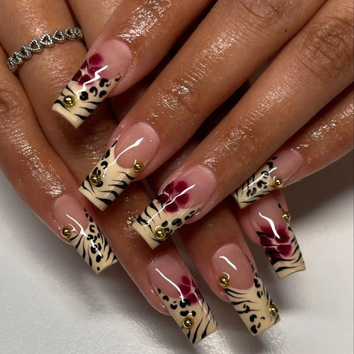 Leopard Print Fake Nails with Nail File & Tape, 1 Box Long Square Press on Nails for Women & Girls Diy Nail Art, Elegant Stick on Nails Kit, Christmas Gift