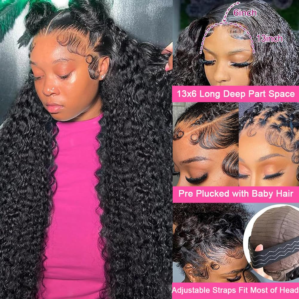 30 Inch Deep Wave Lace Front Wigs Human Hair 200 Density 13X6 HD Lace Frontal Wigs Human Hair Pre Plucked Deep Curly Glueless Wigs Human Hair Curly Wigs for Women Natural Color
