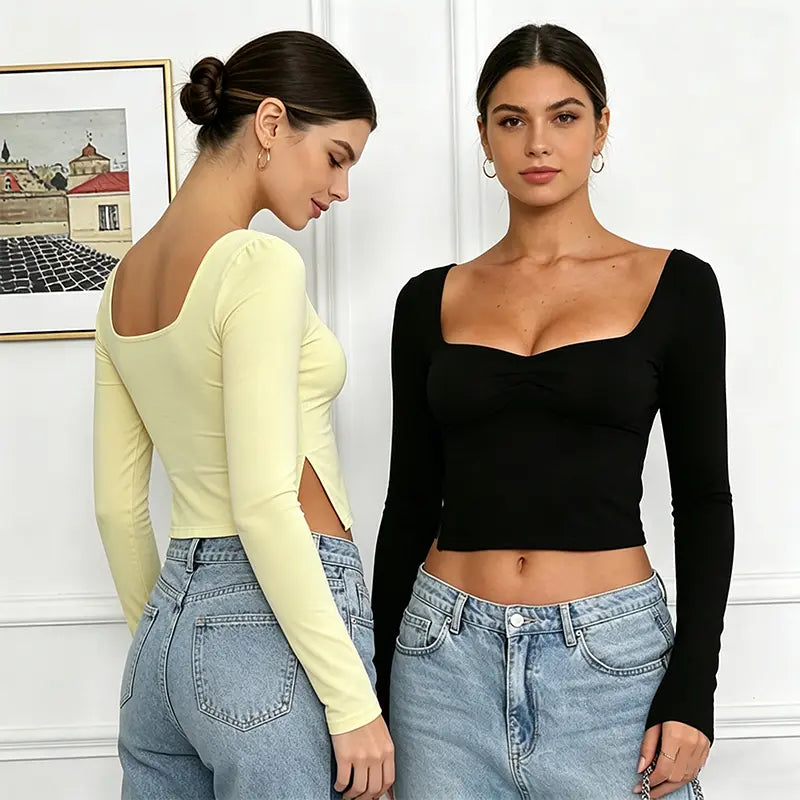 Cakulo Chic Y2K Black Crop Top for Women – Long Sleeve, Sweetheart Neckline, Ruched Slim-Fit Going-Out Shirt