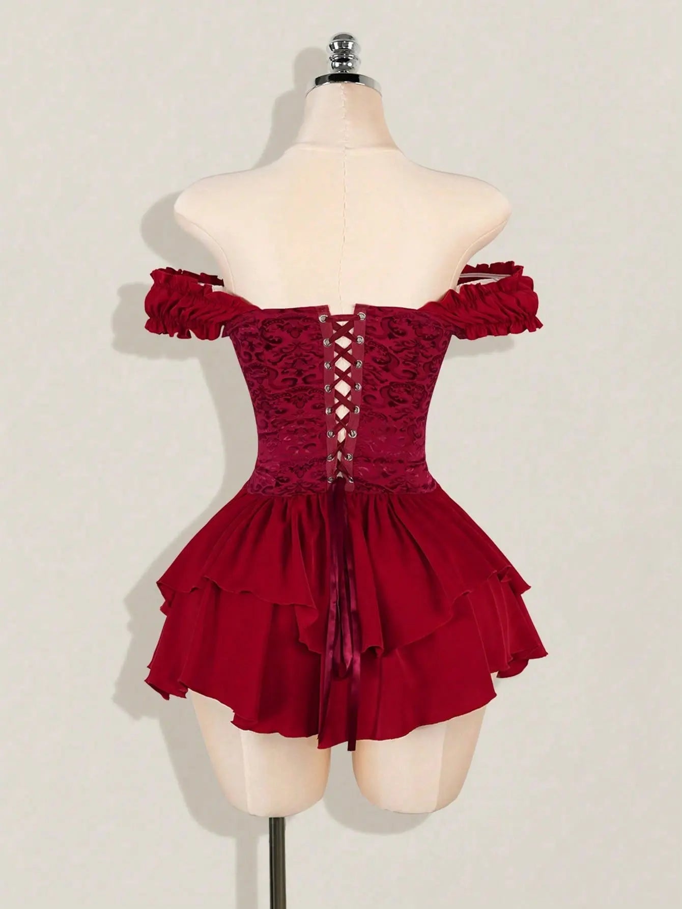 Women'S Off-Shoulder A-Line Chiffon Mini Dress Gothic Jacquard Ruffle Trim with Tie Waist Elegant Party Dress for Wedding Guest Vacation Dinner Club Night Out