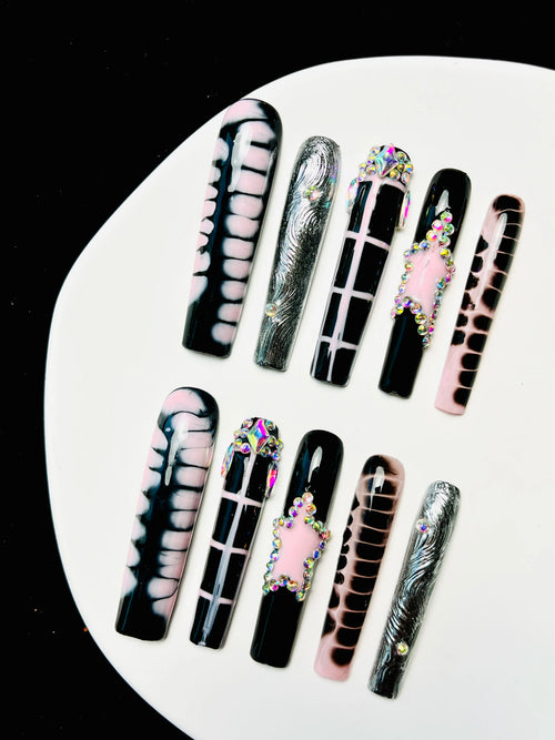 10Pcs Handmade Press on Nails Black Pink Extra Long Square Goth Acrylic Black Pink Nail Supplies Fake Nails Stickers Y2K Cute Suitable for Girls and Women Festivals Parties Gems Stuff French Gems Stuff Salon Quality Rhinestone Rhinestone Embellished, Flo