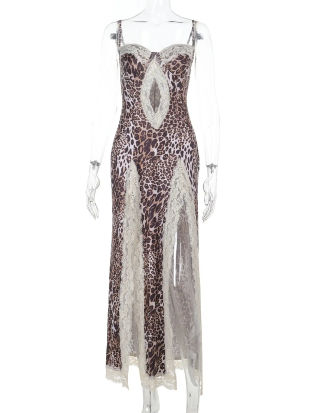Women'S Sexy Leopard Print Lace Trim Side Slit Bodycon Fit Dress, Elegant Sleeveless Cocktail Dress for Party Club Dating Wear, Ladies Summer Clothes, Fashion Chic Gown