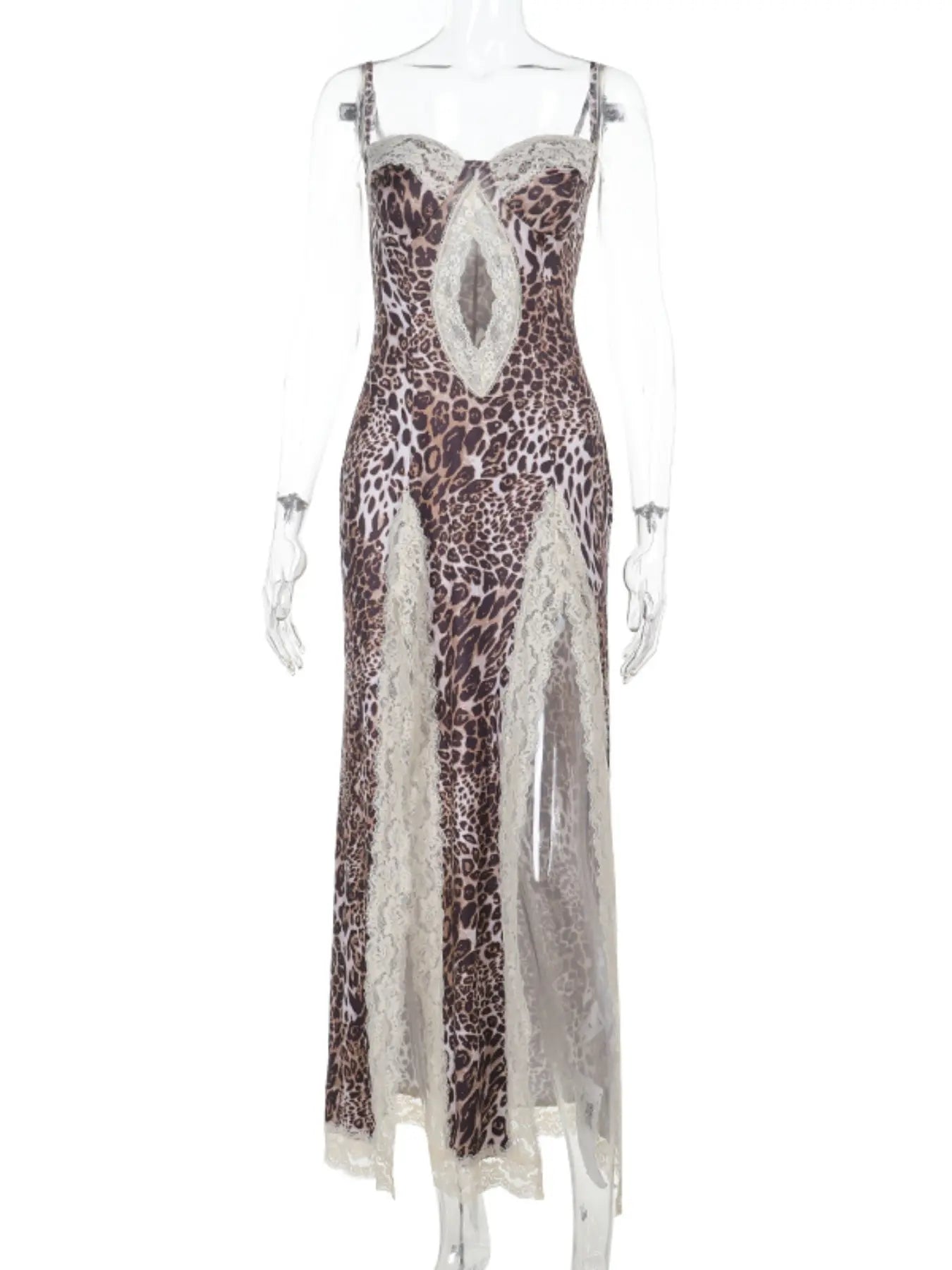Women'S Sexy Leopard Print Lace Trim Side Slit Bodycon Fit Dress, Elegant Sleeveless Cocktail Dress for Party Club Dating Wear, Ladies Summer Clothes, Fashion Chic Gown