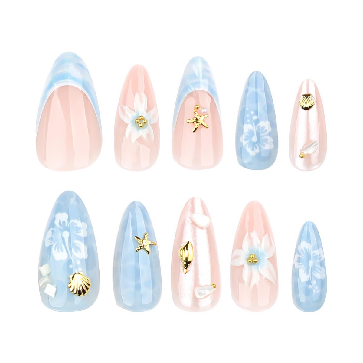 24Pcs Flower Press on Nails Medium Almond French Tip Fake Nails with Gold Star Shell Rhinestones Design Hawaii False Nails Blue Stick on Nails Full Cover Artificial Glue on Nails for Women Summer Kit