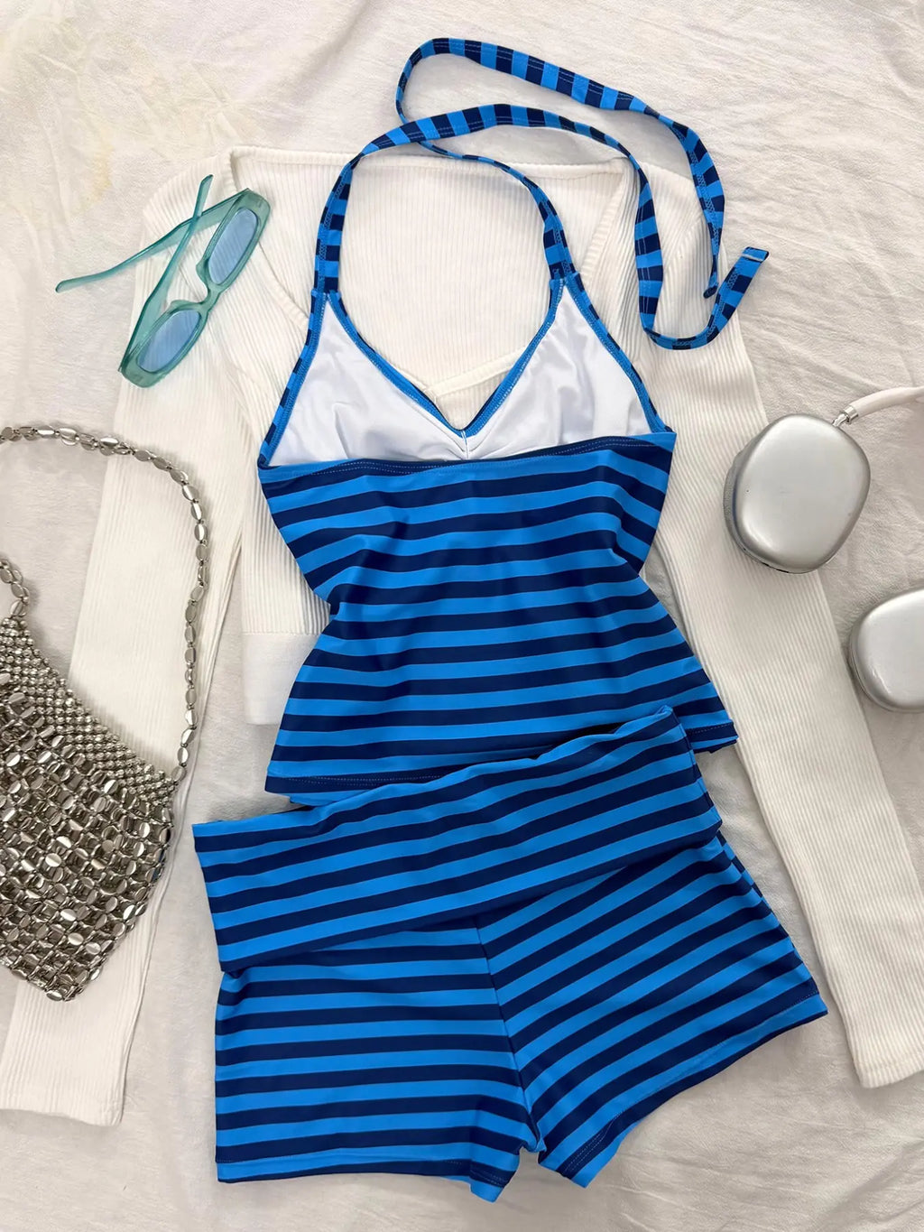 Striped Tankini Swimsuit, Elegant Sexy Halter Crop Top & Boyshorts, Women Sporty Swimwear for Beach Pool Vacation, Spring and Summer, Striped Swimsuits, Sporty Bathing Suit