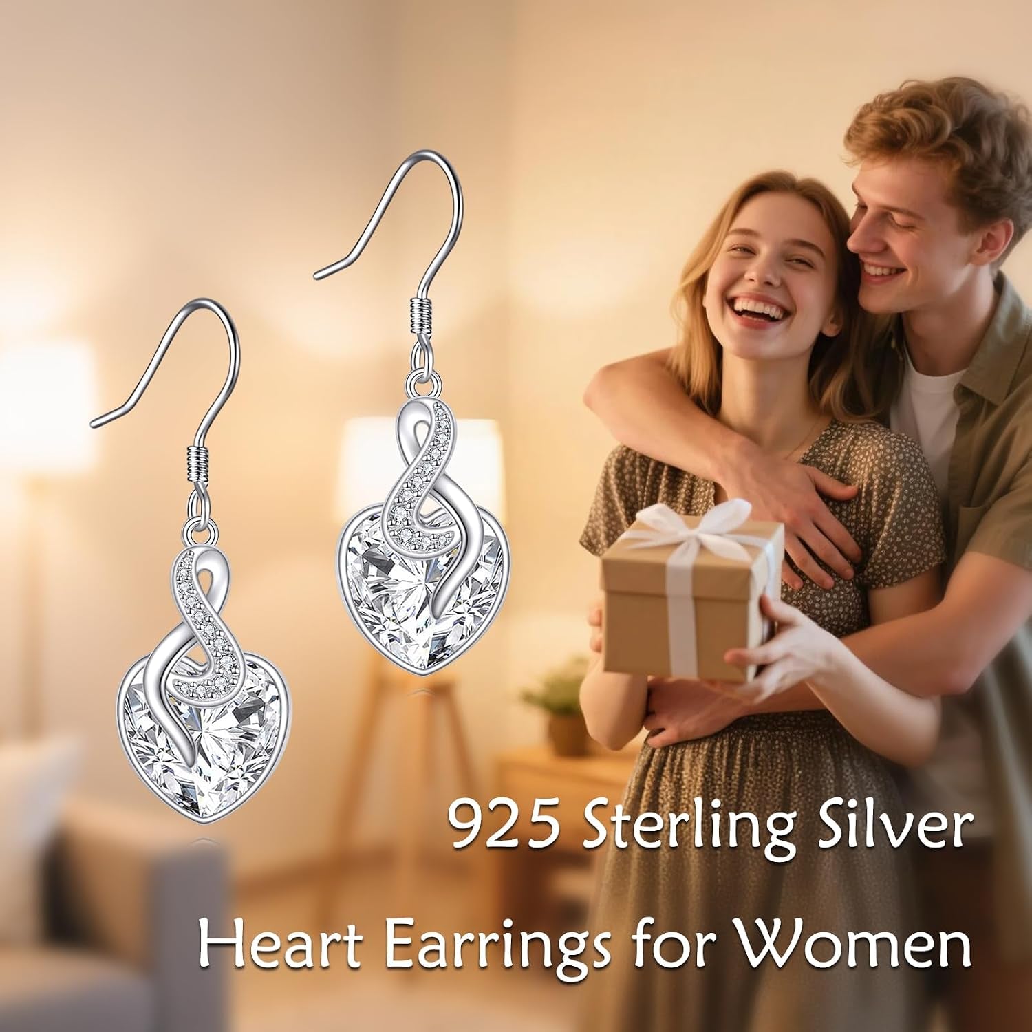 Crystal Heart Dangle Earrings Sterling Silver Heart Earrings with Angle Wings Birthday Anniversary Jewelry Gifts for Women Wife
