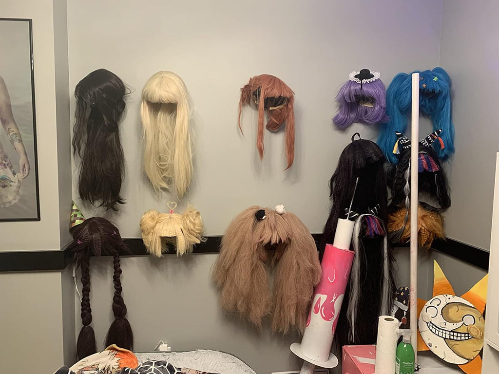 4 Pack Wall Mount Hanging Wig Stand, Wig Drying Holders, Plastic Wigs and Hats/Cap Rack Styling Drying Display Hangers, Hold the Shape of the Wig and Are EASY to MOUNT. (2 Black+2 White)