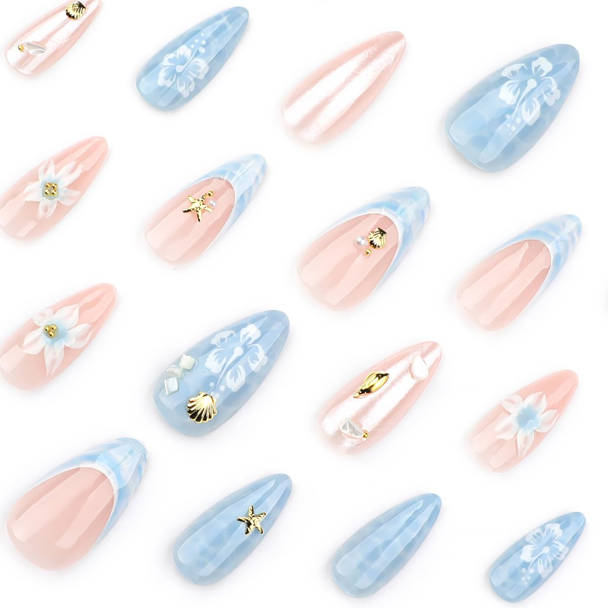 24Pcs Flower Press on Nails Medium Almond French Tip Fake Nails with Gold Star Shell Rhinestones Design Hawaii False Nails Blue Stick on Nails Full Cover Artificial Glue on Nails for Women Summer Kit
