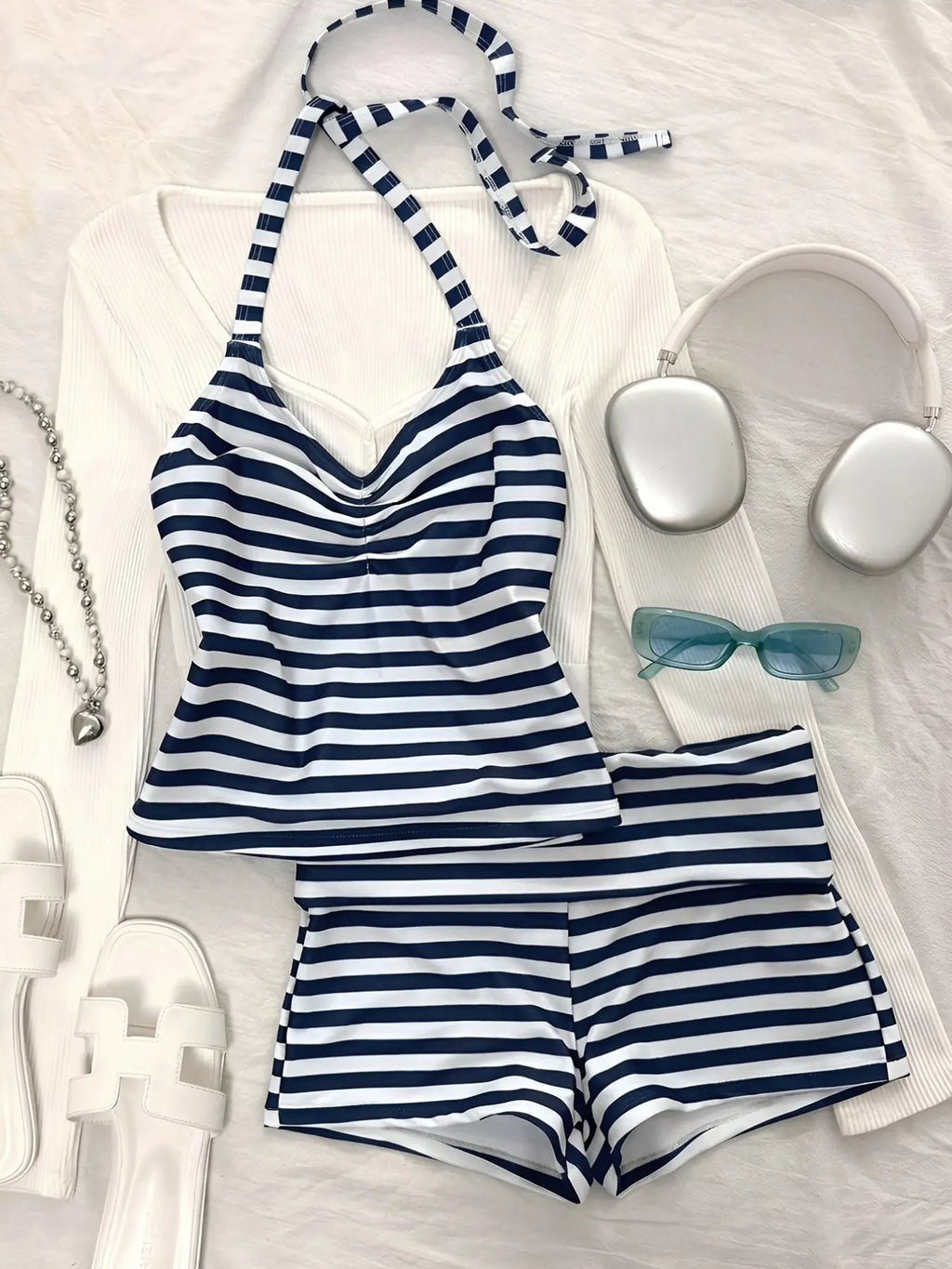 Striped Tankini Swimsuit, Elegant Sexy Halter Crop Top & Boyshorts, Women Sporty Swimwear for Beach Pool Vacation, Spring and Summer, Striped Swimsuits, Sporty Bathing Suit