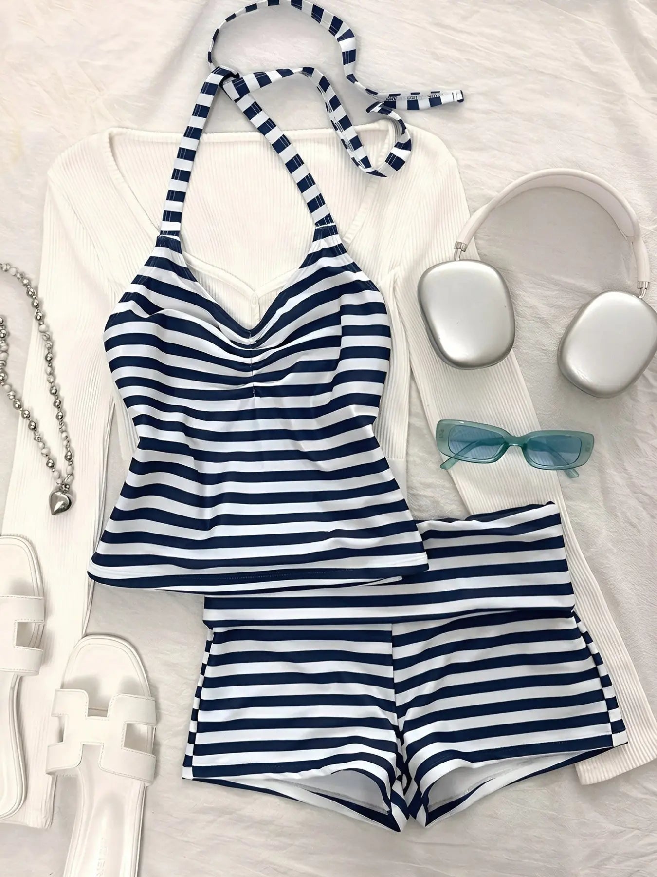 Striped Tankini Swimsuit, Elegant Sexy Halter Crop Top & Boyshorts, Women Sporty Swimwear for Beach Pool Vacation, Spring and Summer, Striped Swimsuits, Sporty Bathing Suit