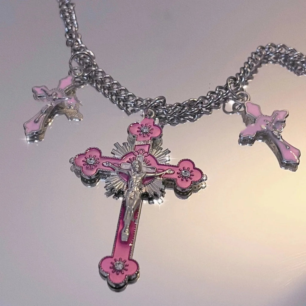 Gothic Pink Cross Necklace Y2K Zircon Punk Pendant Necklace Grunge Heart Cross Necklace for Women Jewelry Accessories