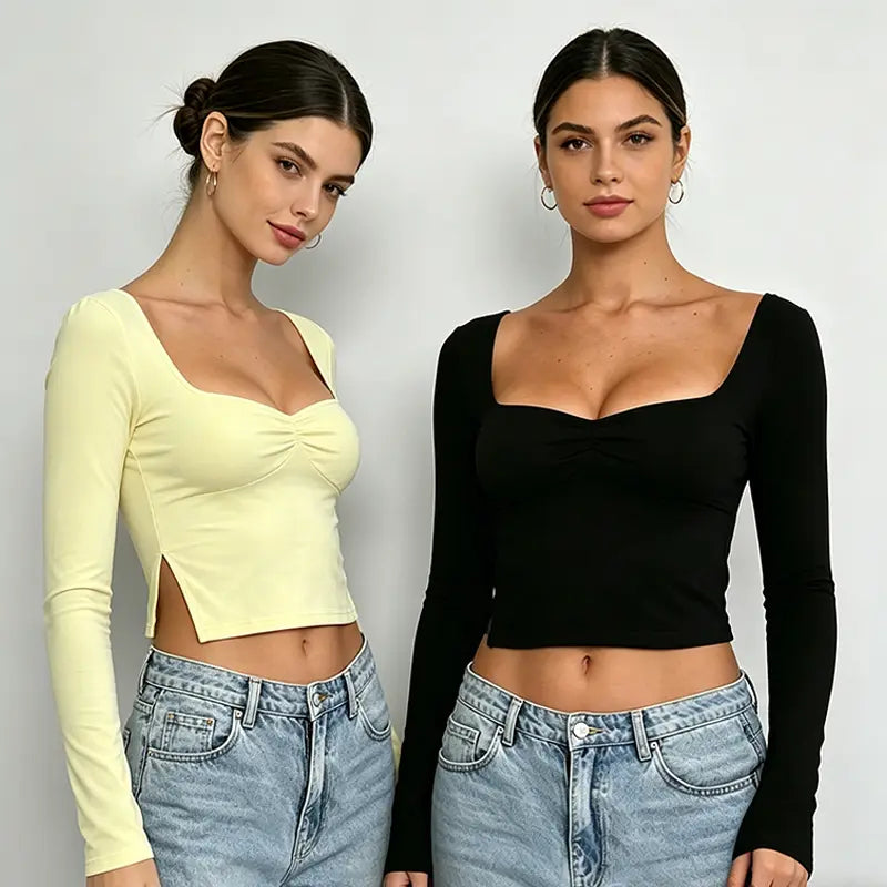 Cakulo Chic Y2K Black Crop Top for Women – Long Sleeve, Sweetheart Neckline, Ruched Slim-Fit Going-Out Shirt