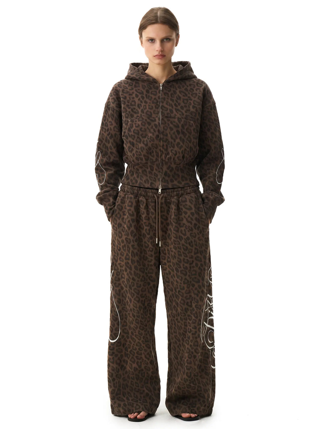 Fdr Women'S Leopard Print Streetwear Tracksuit, Vintage 2 Piece Set with Oversized Cropped Graphic Hoodie & Double Waisted Pants, 2 Piece Sets, Women'S Casual 2 Piece Sets