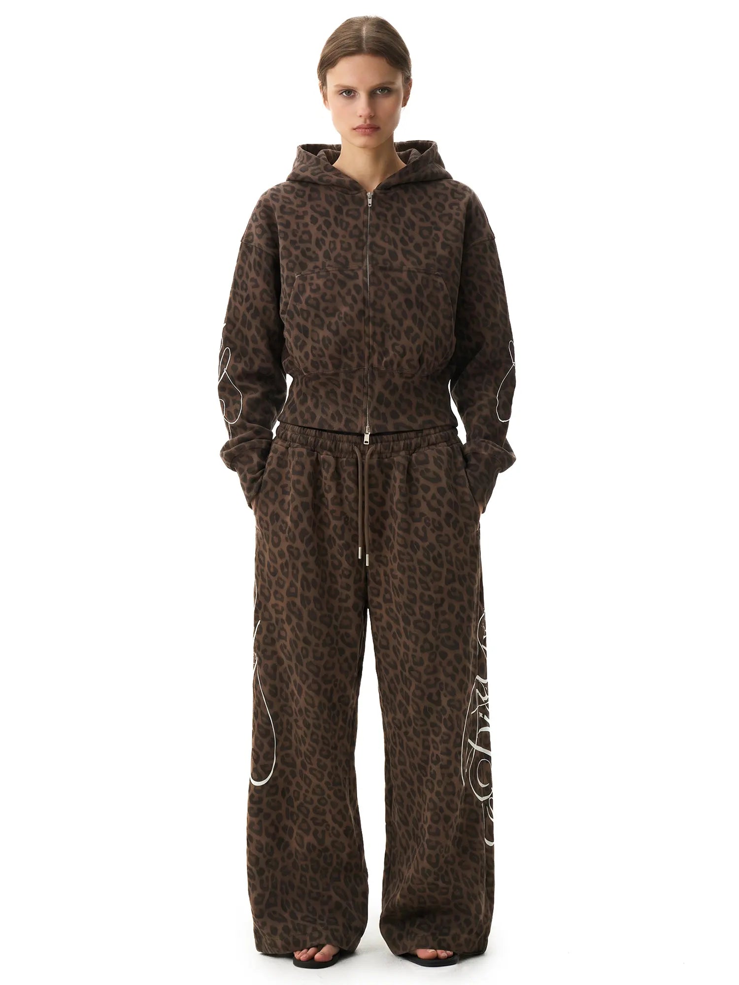 Fdr Women'S Leopard Print Streetwear Tracksuit, Vintage 2 Piece Set with Oversized Cropped Graphic Hoodie & Double Waisted Pants, 2 Piece Sets, Women'S Casual 2 Piece Sets