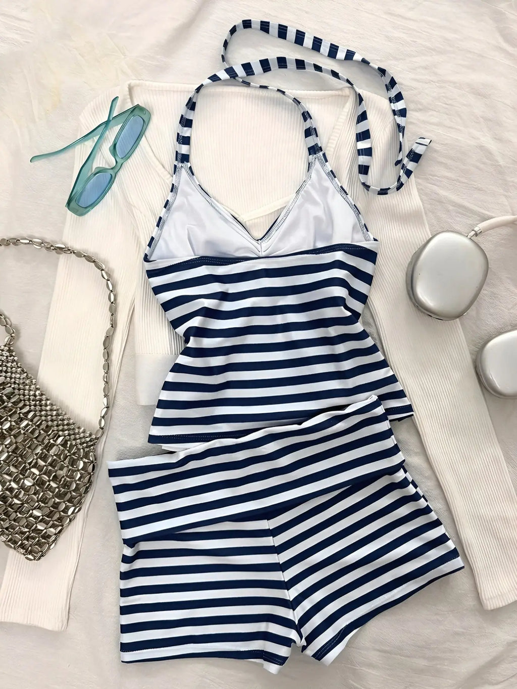 Striped Tankini Swimsuit, Elegant Sexy Halter Crop Top & Boyshorts, Women Sporty Swimwear for Beach Pool Vacation, Spring and Summer, Striped Swimsuits, Sporty Bathing Suit