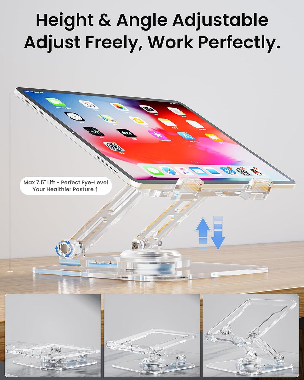 Laptop Stand for Desk - Adjustable, Foldable Clear Acrylic Riser with 360° Rotating Base, Ergonomic Laptop Holder for Macbook Pro/Air & 10-16” Notebooks