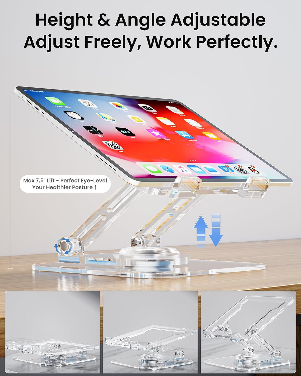 Laptop Stand for Desk - Adjustable, Foldable Clear Acrylic Riser with 360° Rotating Base, Ergonomic Laptop Holder for Macbook Pro/Air & 10-16” Notebooks